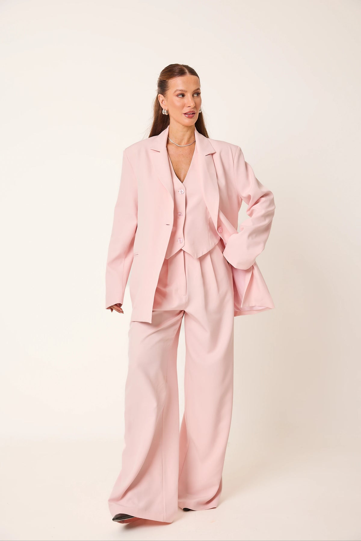 Trijunto Aurora 3 Peças Rosa – Colete Frente Única, Blazer e Calça