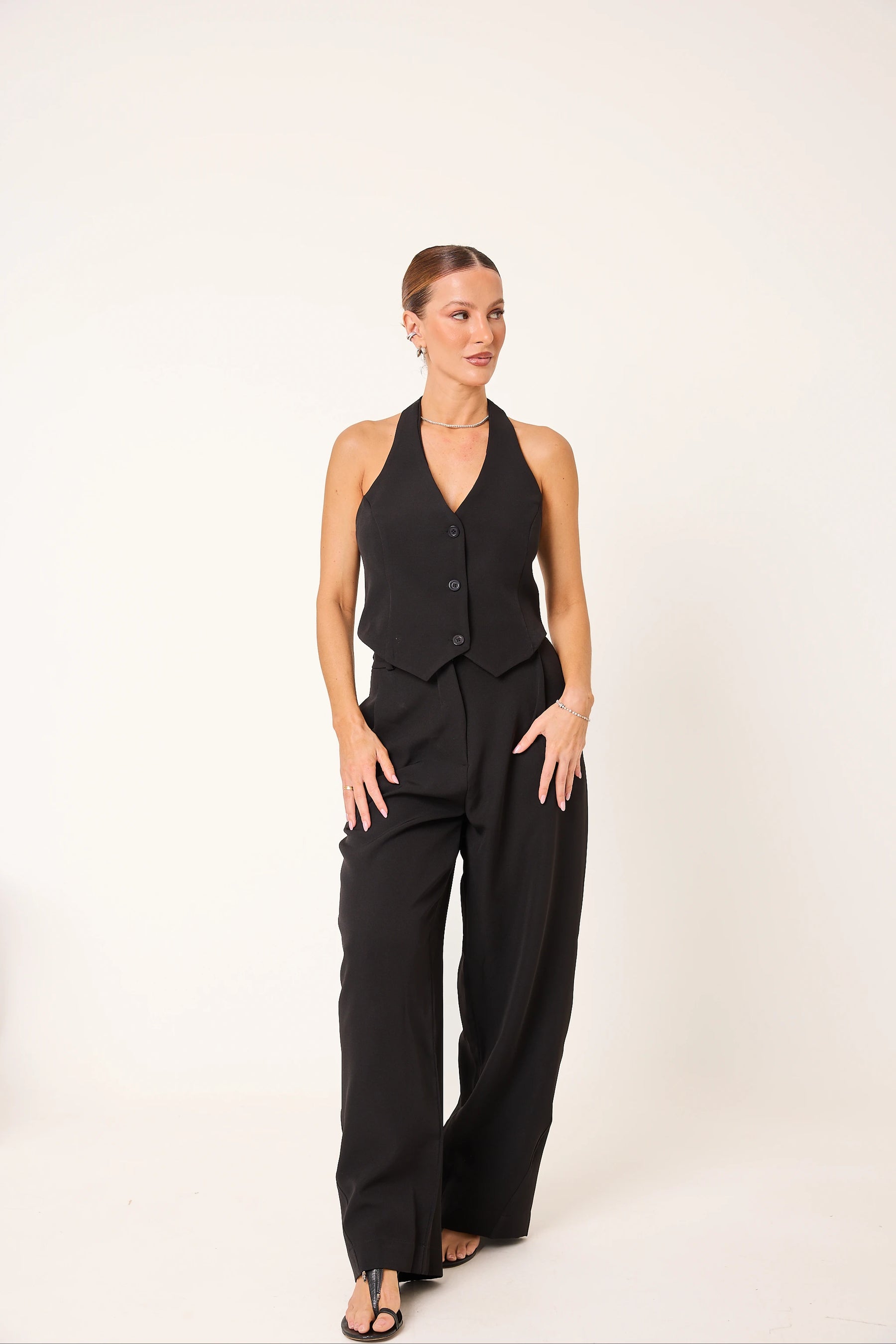 Trijunto Aurora 3 Peças Preto – Colete Frente Única, Blazer e Calça