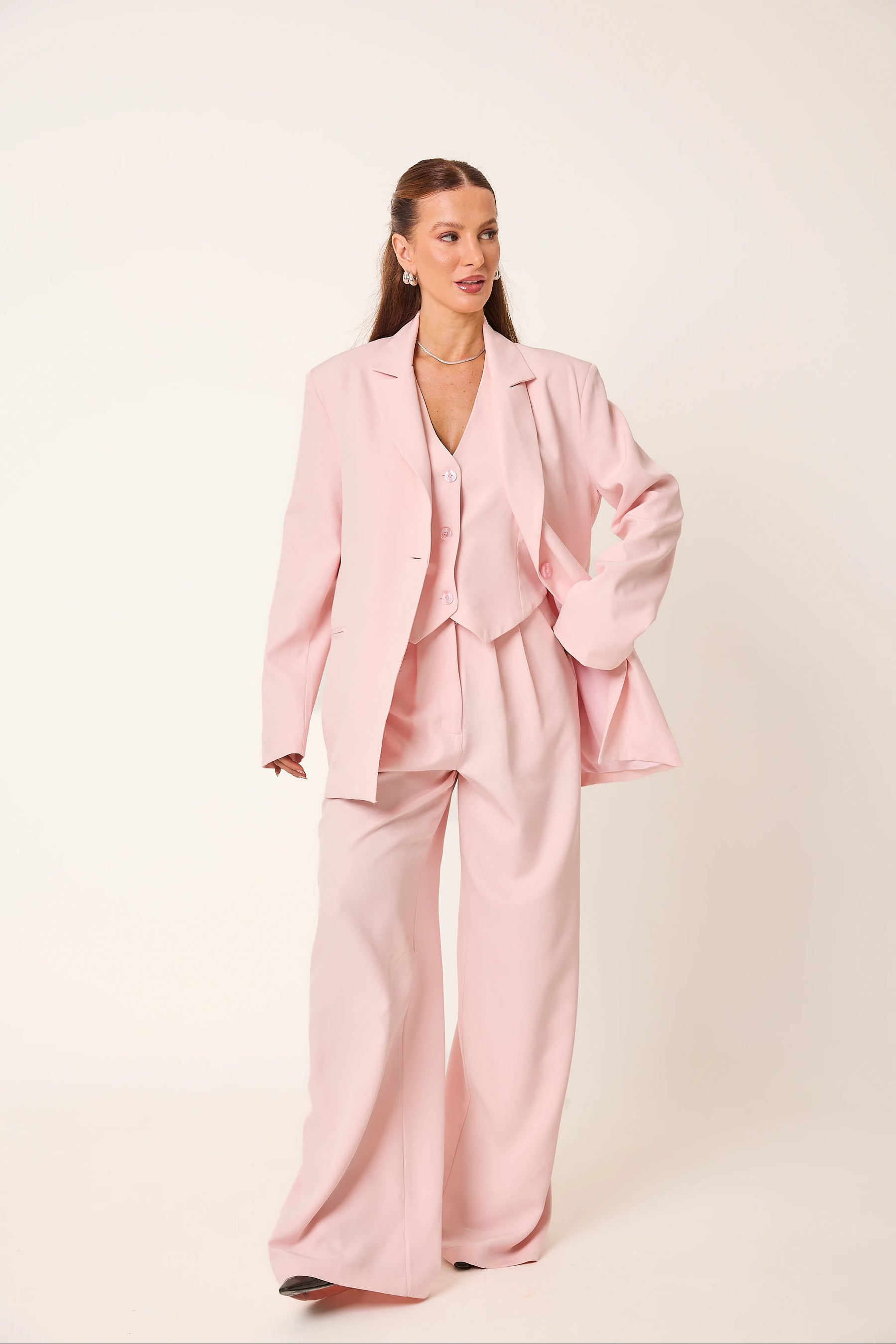 Trijunto Aurora 3 Peças Rosa – Colete Frente Única, Blazer e Calça