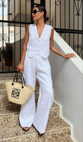 Conjunto Santorine Branco Elegance – Colete e Calça de Linho Feminino