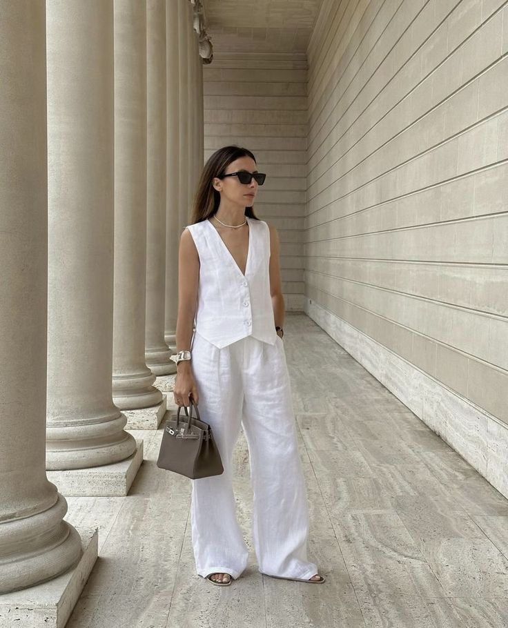 Conjunto Santorine Branco Elegance – Colete e Calça de Linho Feminino