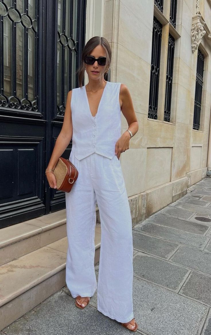 Conjunto Santorine Branco Elegance – Colete e Calça de Linho Feminino