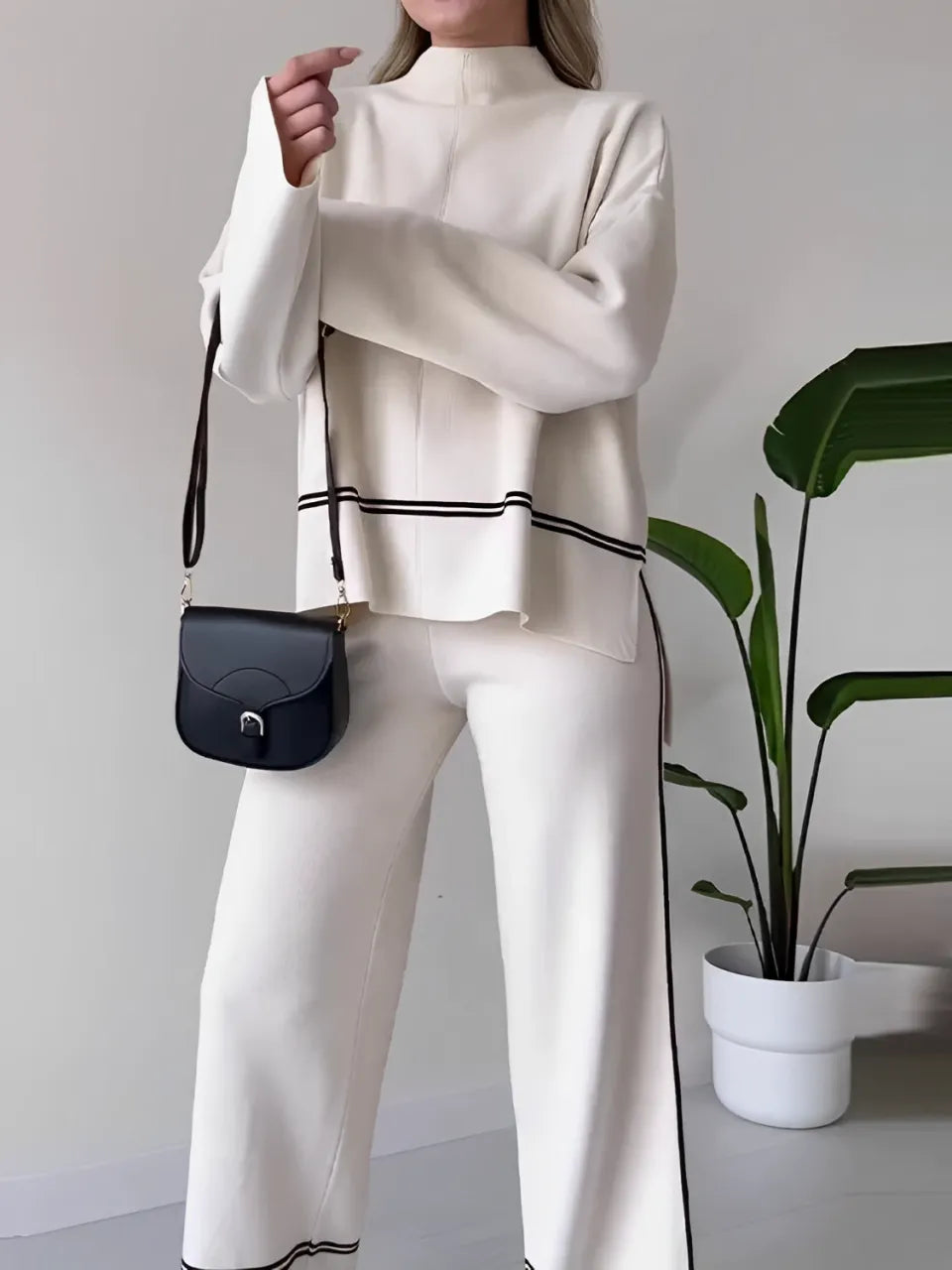 Conjunto Feminino Tricô Kim – Gola Alta Mullet e Calça Cintura Alta