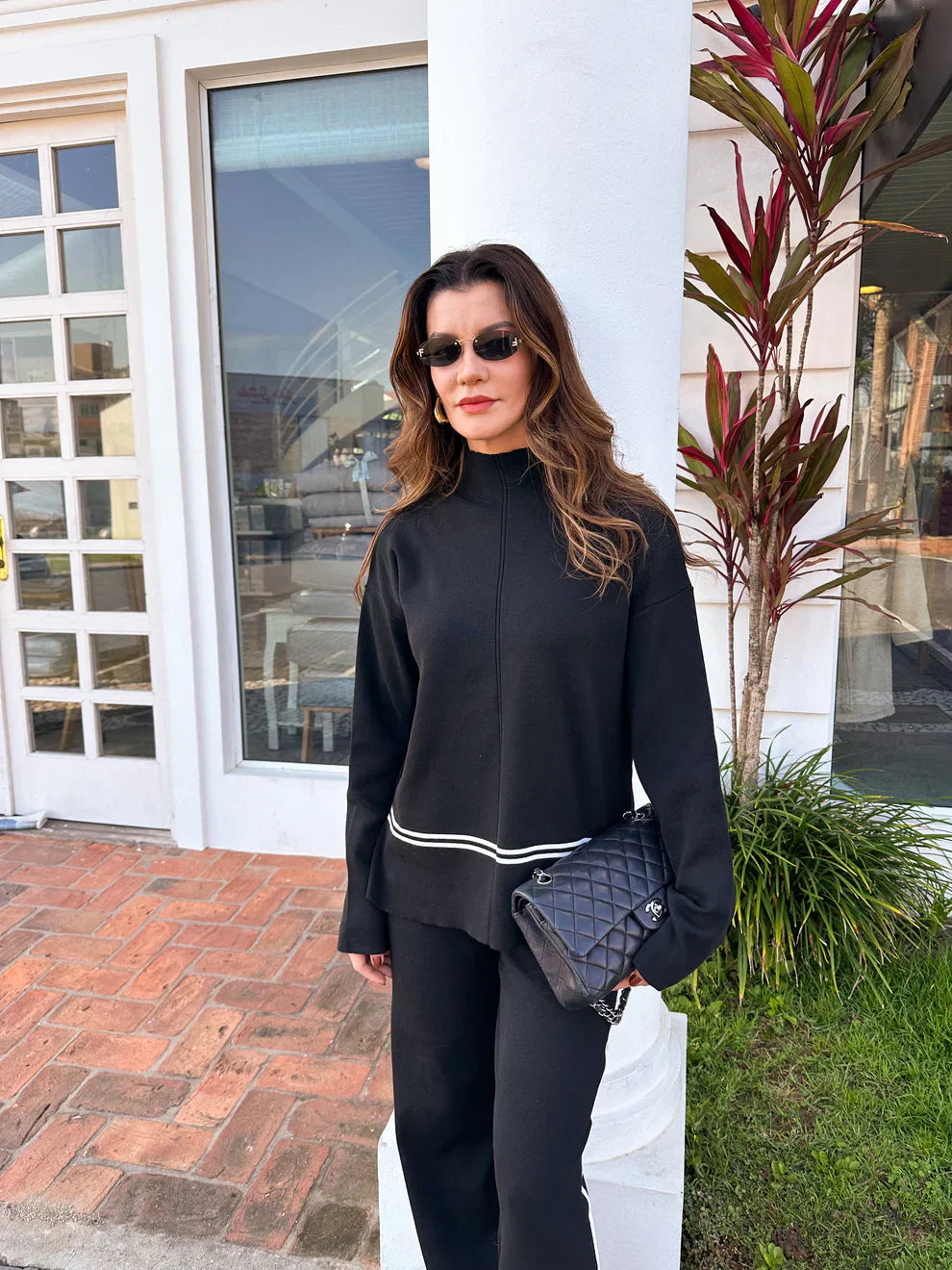 Conjunto Feminino Tricô Kim – Gola Alta Mullet e Calça Cintura Alta