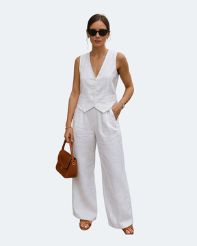 Conjunto Santorine Branco Elegance – Colete e Calça de Linho Feminino