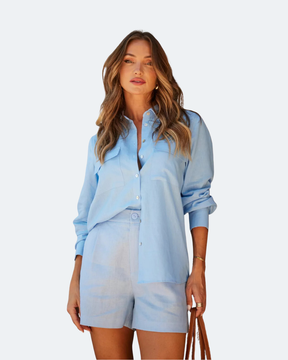 Conjunto Brisa Azul – Camisa e Short em Linho